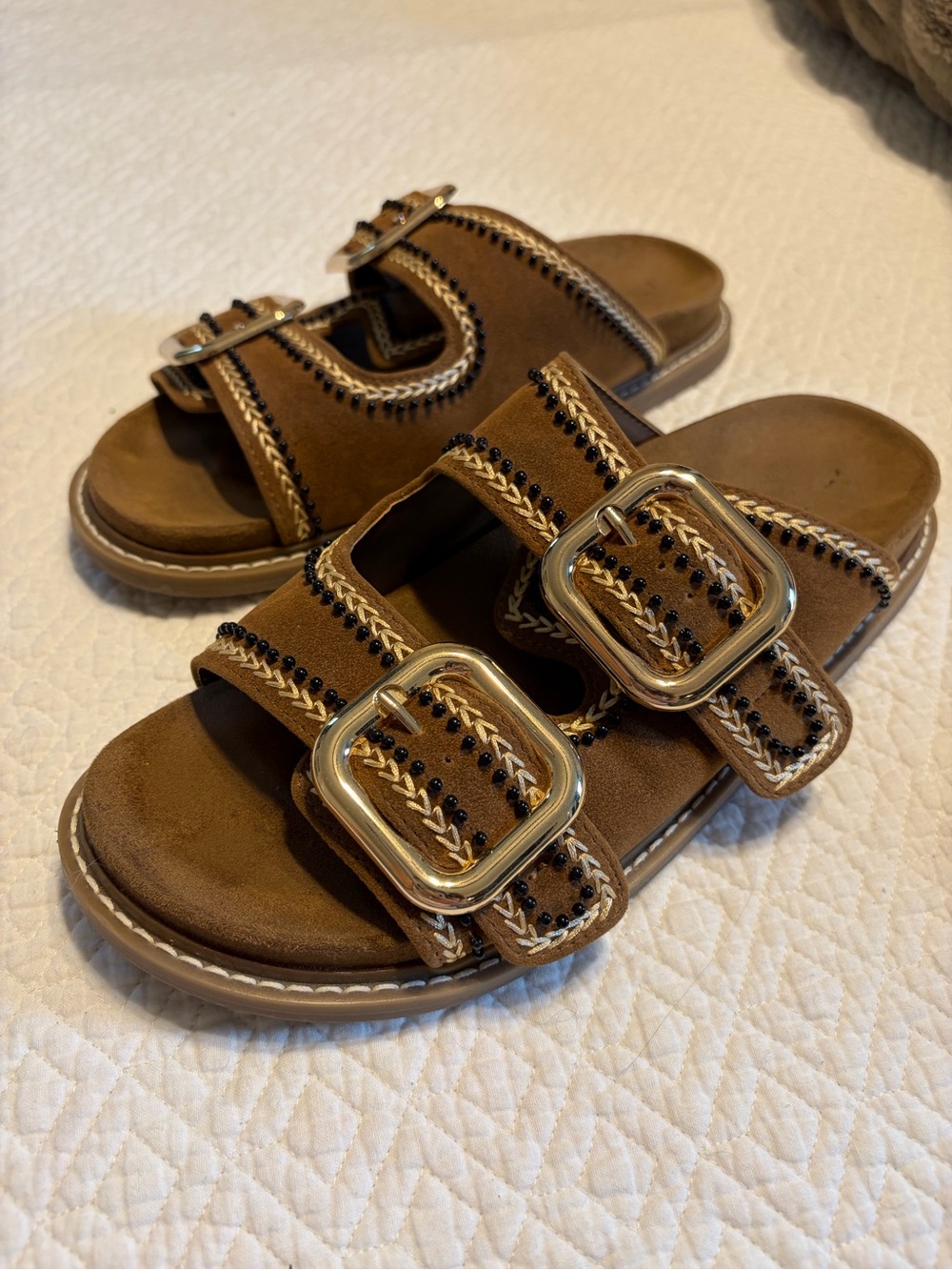 Universal Thread Brown Double-Buckle Slide Sandals with Gold Buckles